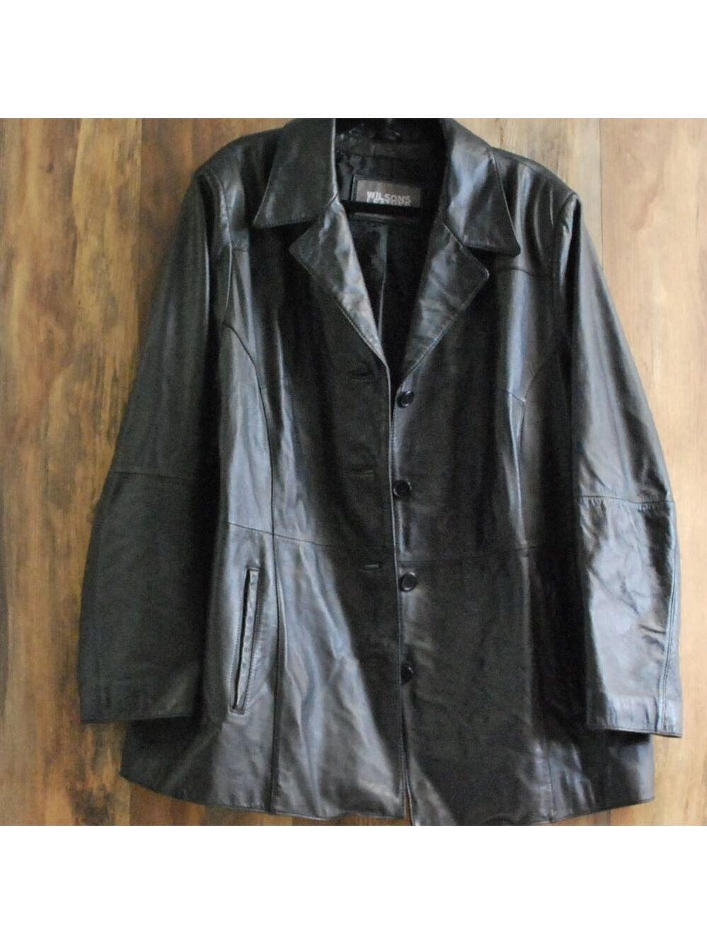 Wilsons Leather Jacket 100% Leather Black Button Up Coat